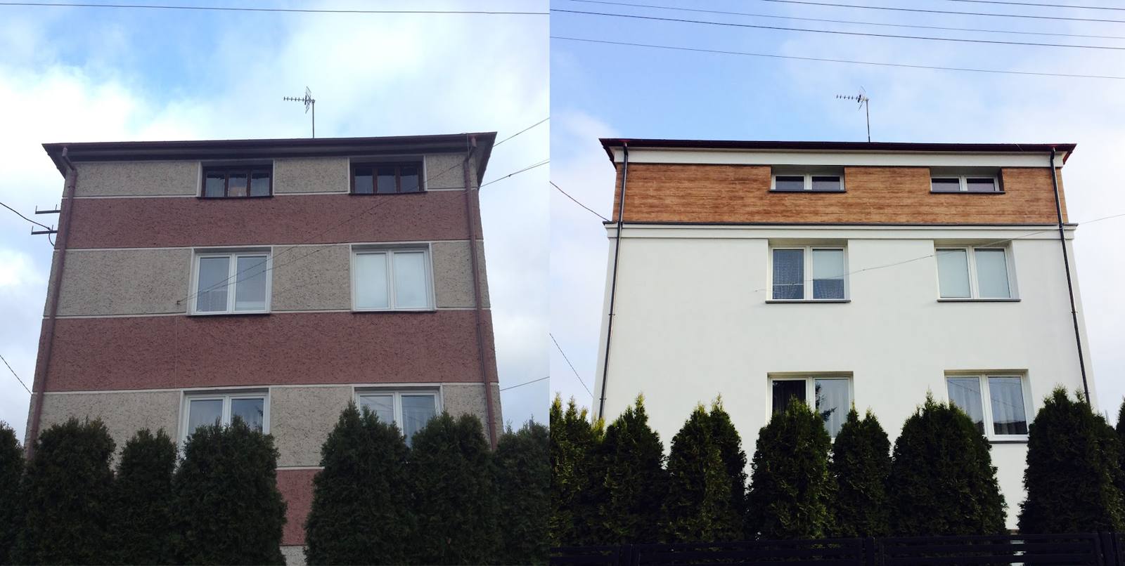 Termomodernizacja bloku — elewacja przed i po projekcie HOLADOM
